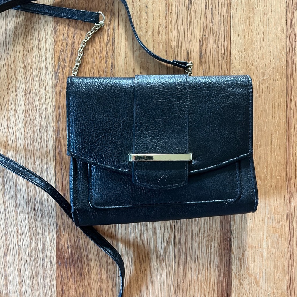Small Black Leather Crossbody Bag with Gold Accent